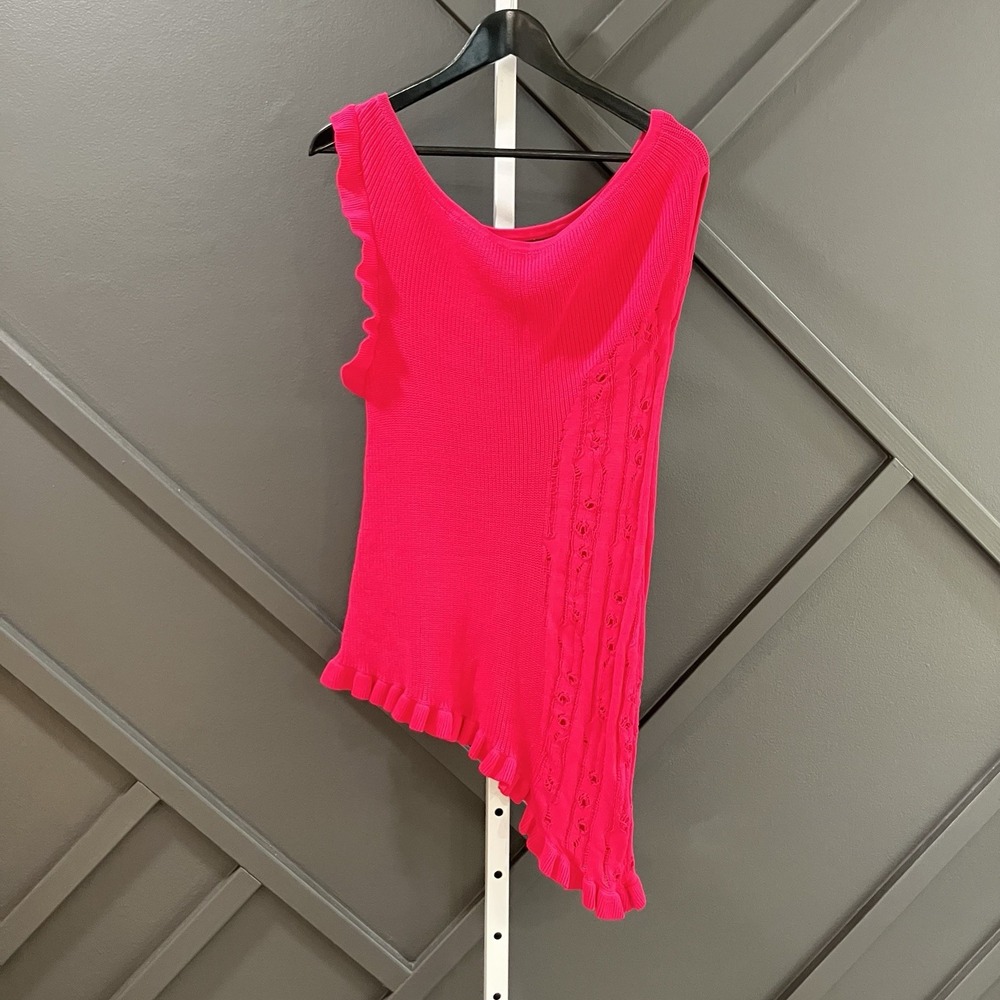 MURCI Womens US Sz 6 Hot Pink Asymmetrical Knit Tank Top Ruffle Pointelle Y2K